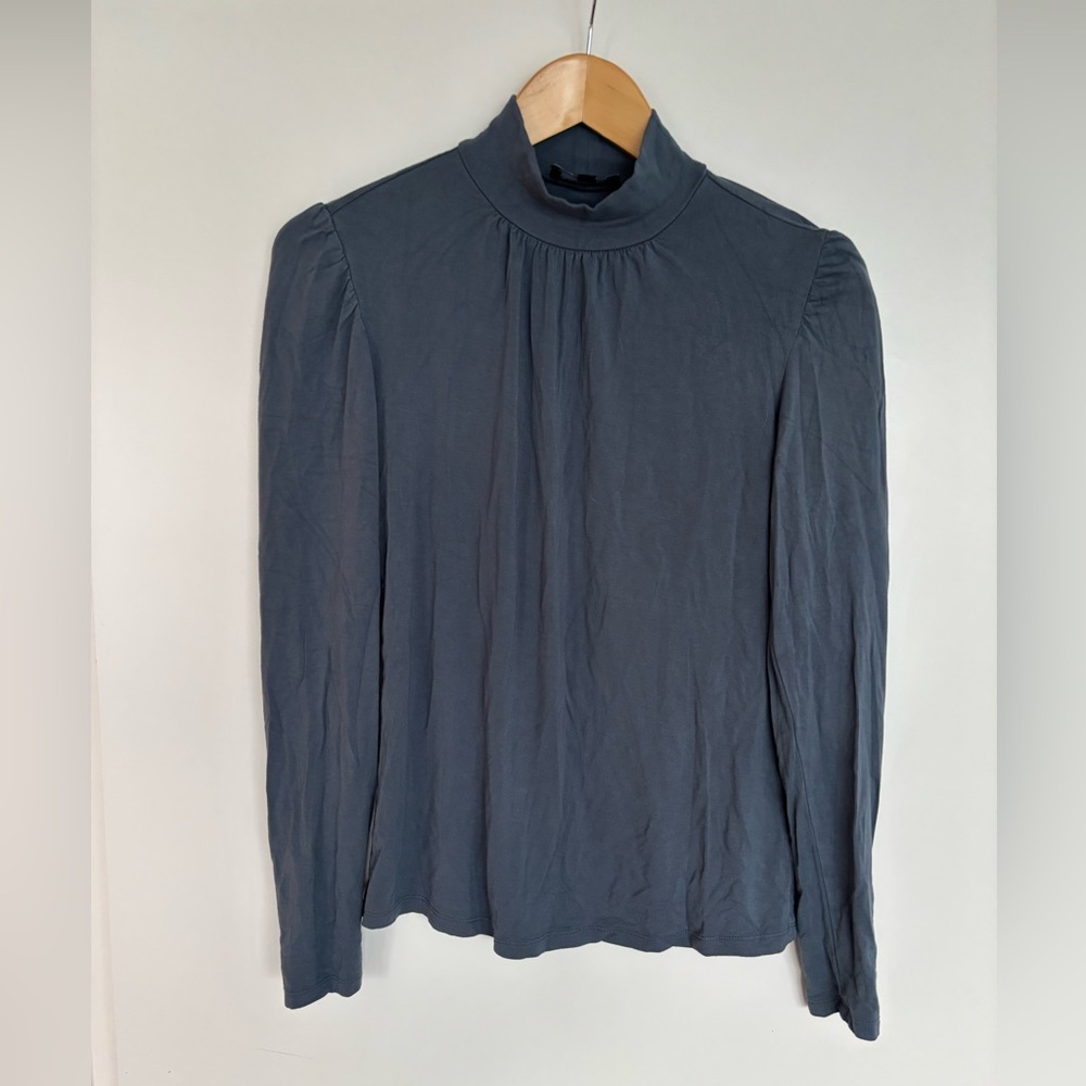PREMISE 15” PTP Long Sleeve Mock Neck Top & Gathered Shoulders, Blue, Size Small
